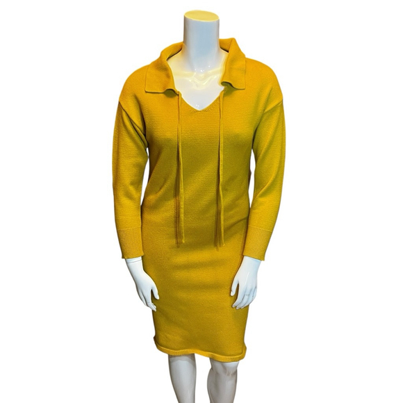 Mustard Yellow Sweater Dress with Collar & Tie Neck, Cozy Fall Long Sleeve, M - Picture 1 of 16